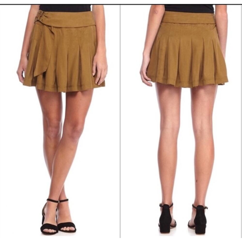 Free People Lost in Light Pleated Belted Mini Skirt Moss Tan Sz4 Y2K School Girl